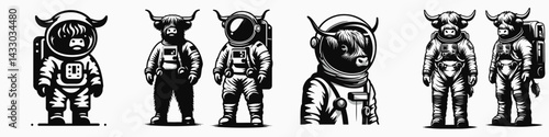 Highland Cow in astronaut costume. Animal Space suit universe galaxy cartoon character clipart. Bovine cosmonaut attire celestial journey galactic farm motif.