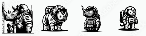 Rhino in astronaut costume. Animal Space suit universe galaxy cartoon character clipart. Armored mammal attire cosmonaut garment for wildlife art project.