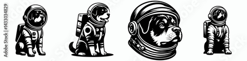 Rottweiler Dog in astronaut costume. Animal Space suit universe galaxy cartoon character clipart. Canine apparel breed cosmic explorer attire.