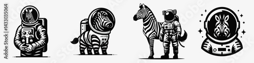 Zebra in astronaut costume. Animal Space suit universe galaxy cartoon character clipart. Striped equine wearing celestial garb cosmic journey unique exploration image.