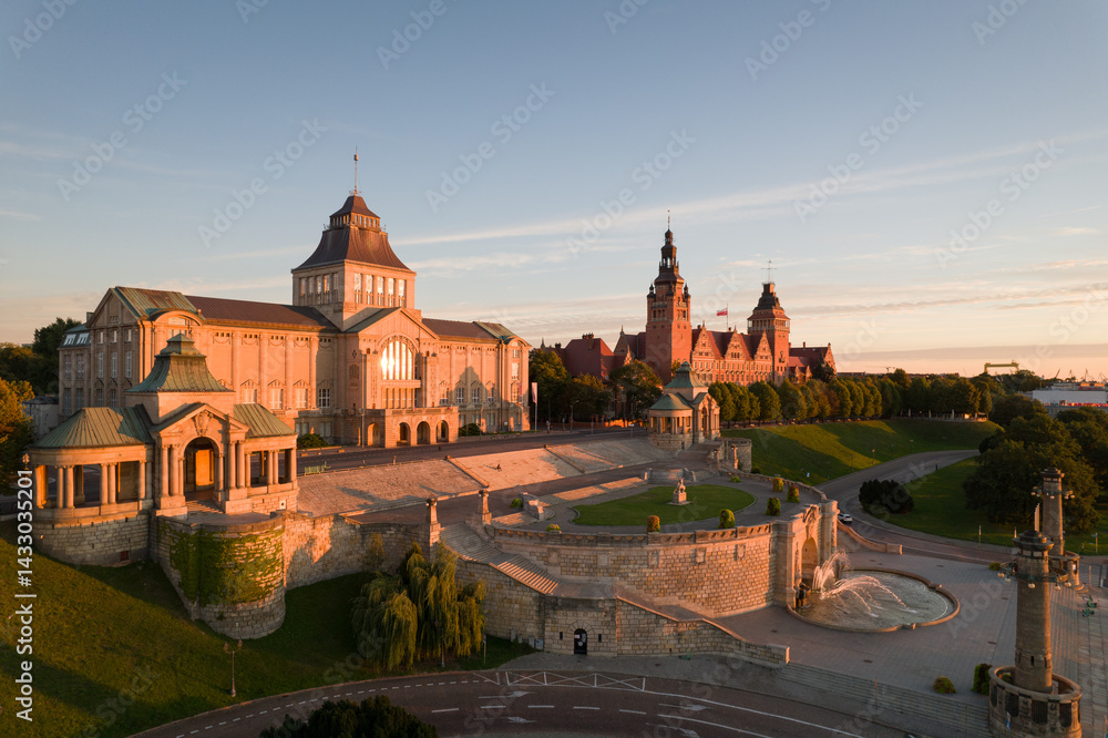 Szczecin's Muzeum Narodowe, the embankments of the Brave: A Majestic Sunrise View
