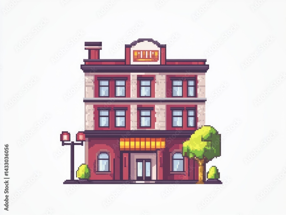 Pixelated Building Illustration, Cityscape Pixelated Building Illustration, Cityscape
