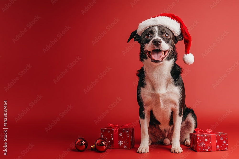 Adorable Dog in Santa Hat with Christmas Gifts and Ornaments on Red Holiday Background