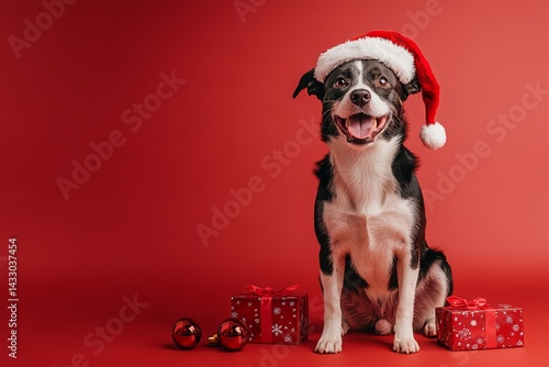 Obraz na płótnie Adorable Dog in Santa Hat with Christmas Gifts and Ornaments on Red Holiday Background w salonie