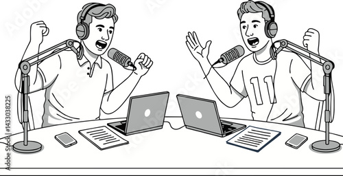 Black and White Illustration of Two Men Hosting a Sports Podcast - Vector Art