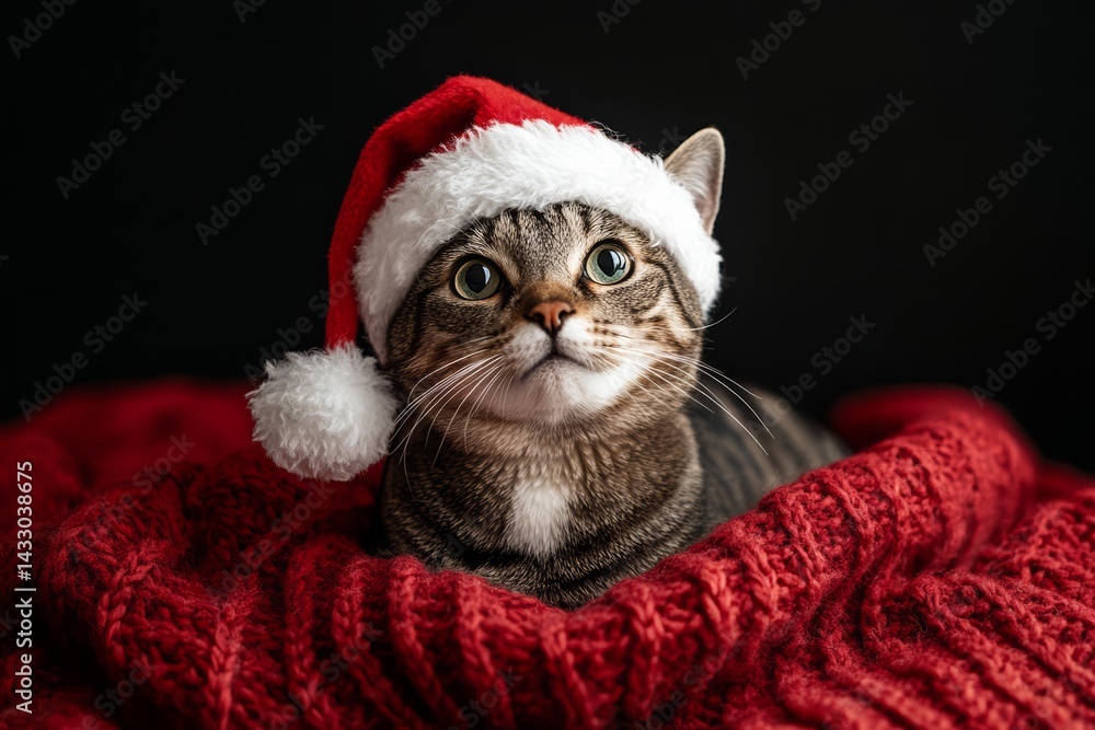 Cute Tabby Cat in Red Knit Sweater and Hat Posing by Christmas Tree with Lights