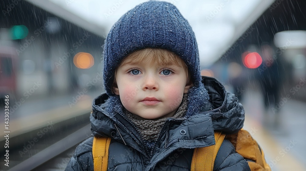 Innocence in the Rain: A Child's Portrait at the Train Station Innocence in the Rain: A Child's Portrait at the Train Station