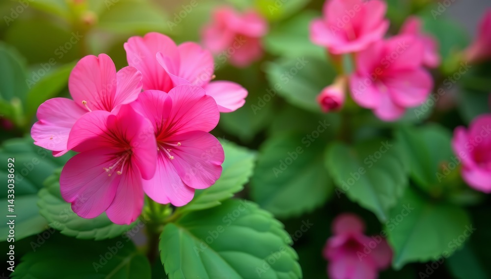 Obraz premium Vibrant pink geranium flowers with green leaves blooming, pink, beautiful, blooming