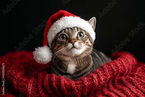 Obraz na płótnie Cute Tabby Cat in Red Knit Sweater and Hat Posing by Christmas Tree with Lights w salonie