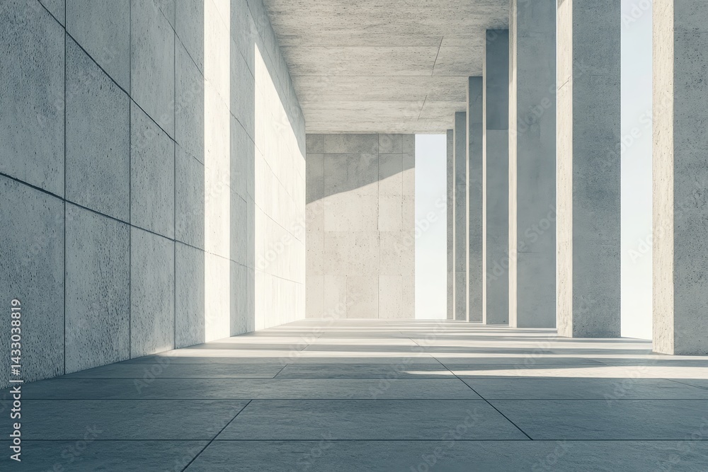 Fototapeta premium Empty, modern concrete colonnaded hall with light streaming in.