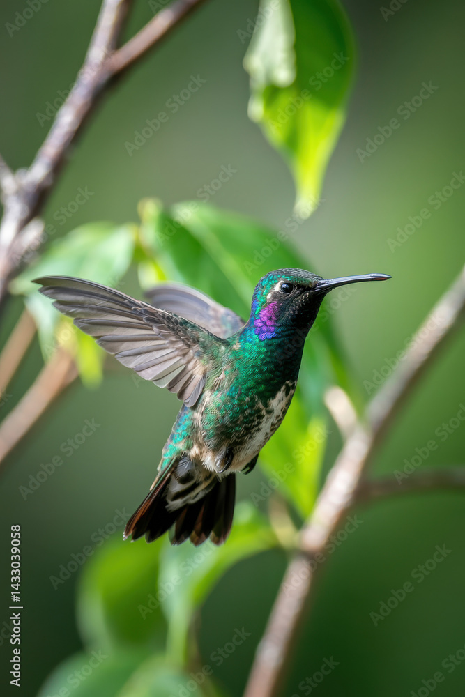 Fototapeta premium Majestic Hummingbird in Flight with Iridescent Feathers Against a Lush Green Background