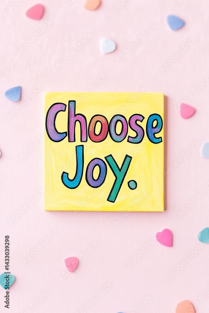 Bright Colorful “Choose Joy” Inspirational Quote Sign with Heart Confetti on Pink Background