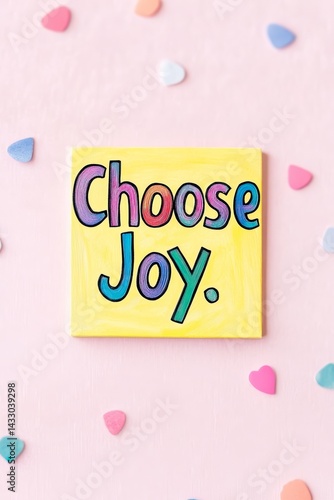 Obraz na płótnie Bright Colorful “Choose Joy” Inspirational Quote Sign with Heart Confetti on Pink Background w salonie
