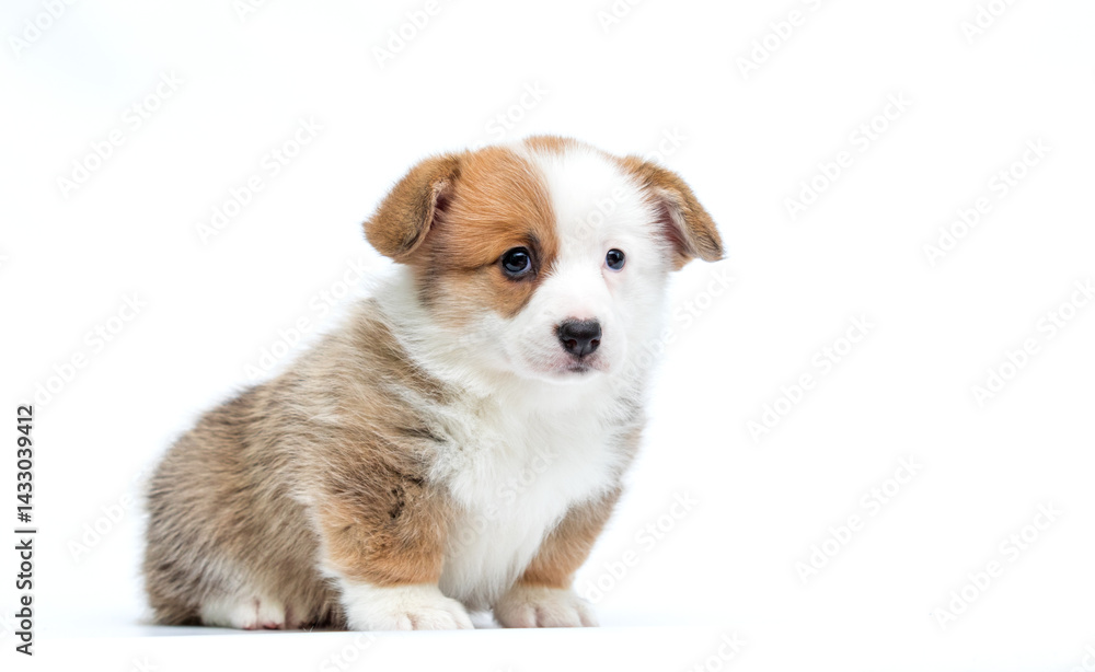 red and white puppy sits and looks at camera on white background welsh corgi pembroke breed red and white puppy sits and looks at camera on white background welsh corgi pembroke breed