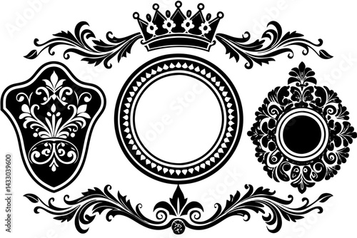 This decorative vintage frame design features an ornate floral pattern with a regal crown, evoking antique elegance