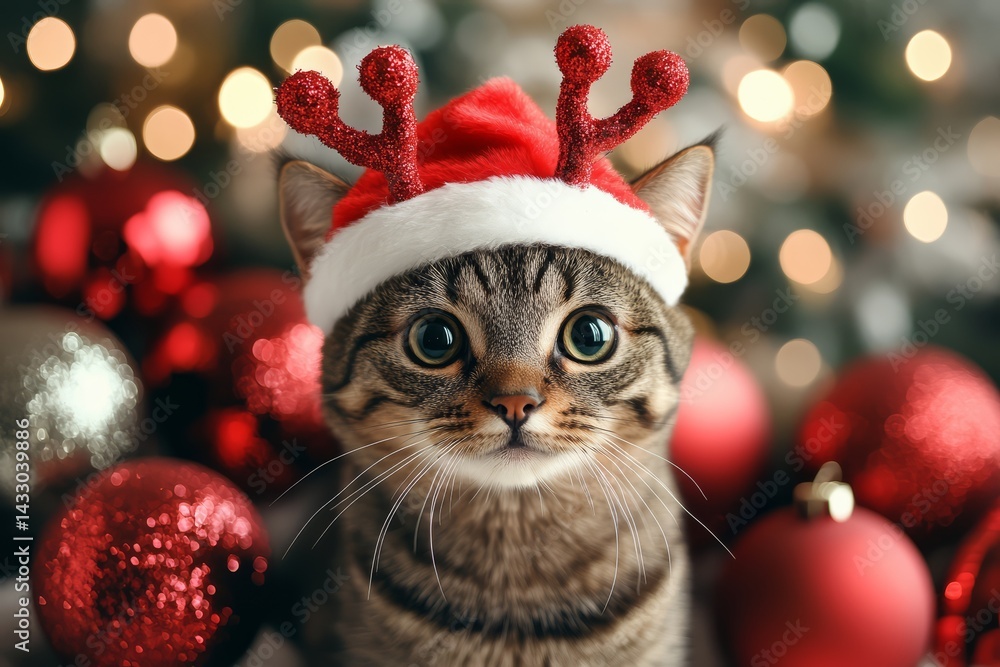 Cute Tabby Cat in Red Knit Sweater and Hat Posing by Christmas Tree with Lights
