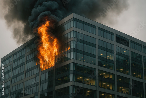 A large office building is engulfed in flames and thick smoke pours from upper floors, representing disaster or emergency. Fire in modern office building with smoke

