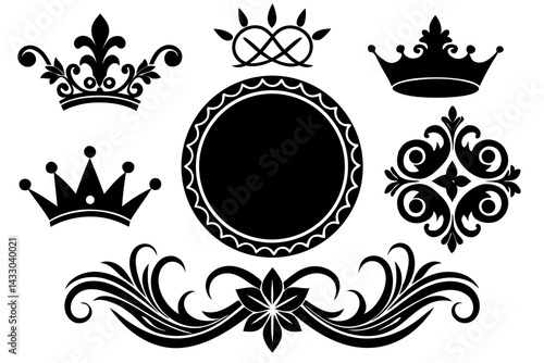 This decorative vintage frame design features an ornate floral pattern with a regal crown, evoking antique elegance