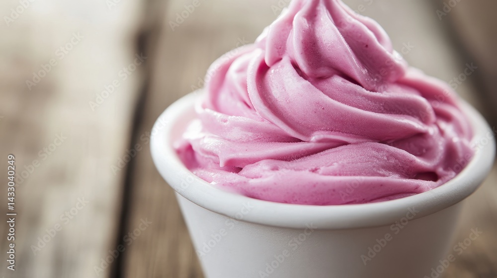 Delicious pink soft serve ice cream served in a white cup on a rustic wooden table Delicious pink soft serve ice cream served in a white cup on a rustic wooden table