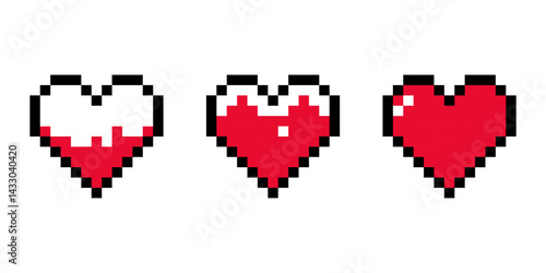 Set pixel hearts health bar. Retro 8-Bit Game UI Elements.