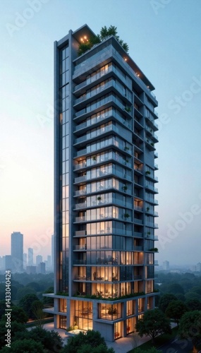 Wallpaper Mural High-rise condo building with sleek glass facade and rooftop terrace, contemporary architecture, modern high-rise Torontodigital.ca