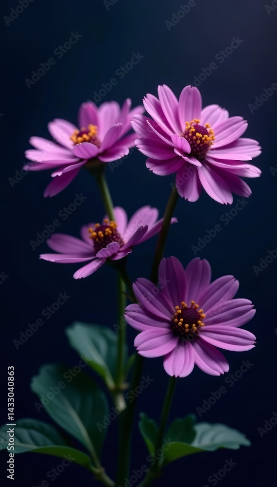 Fototapeta premium Vibrant purple astrantia flowers on moody dark background, floral, flowers, vibrant