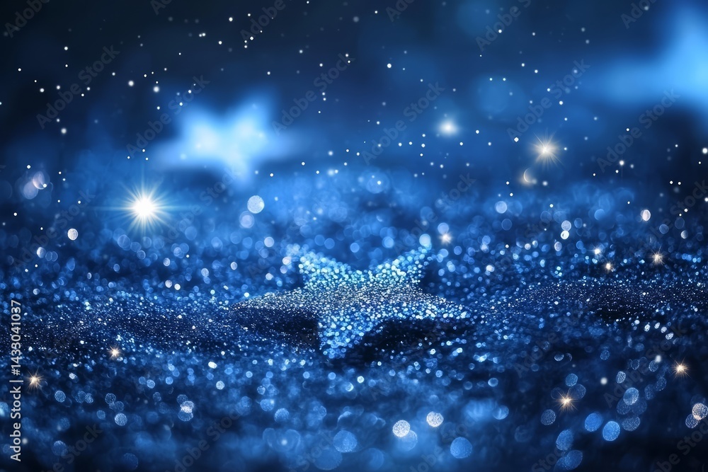 Sparkling Glitter Snowflake on Shimmering Blue Background with Bokeh Holiday Lights