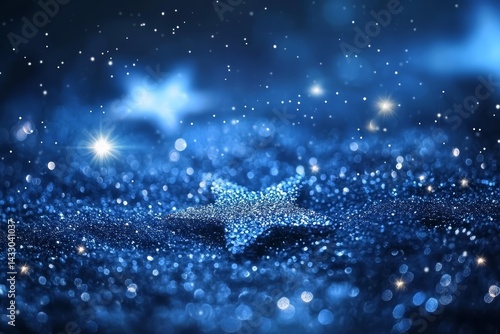 Obraz na płótnie Sparkling Glitter Snowflake on Shimmering Blue Background with Bokeh Holiday Lights w salonie
