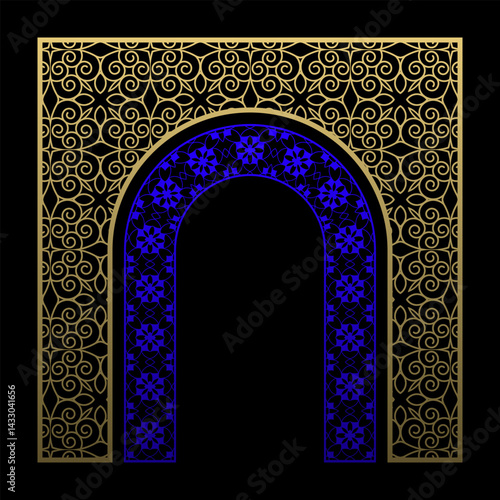 Elegant arch with rounded top in Islamic ornamental style. Golden and blue colors create a luxurious contrast. Ideal for invitations, posters, or interior decor.