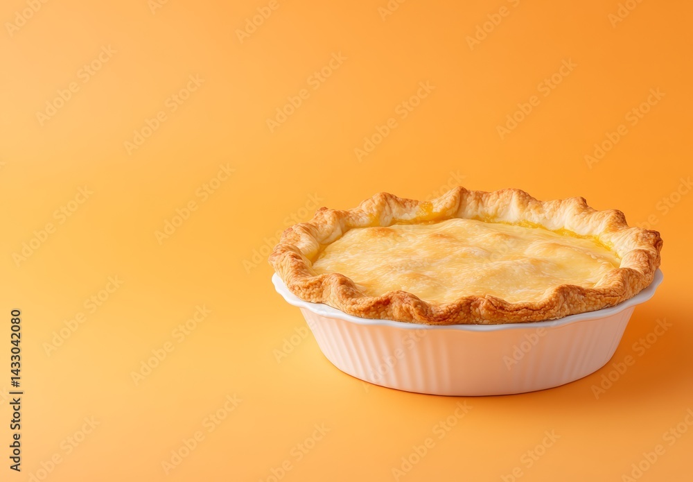 Golden Crust Homemade Pie in White Ceramic Dish on Vibrant Orange Background