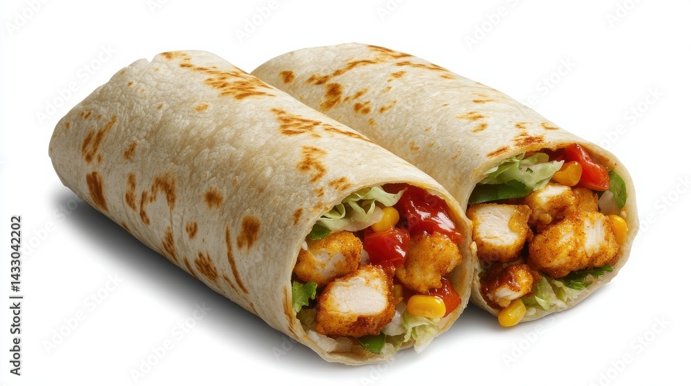 A chicken burrito with rice, vegetables, and sauce wrapped in a tortilla. A chicken burrito with rice, vegetables, and sauce wrapped in a tortilla.