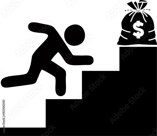 A person striving for financial success by climbing a stairway to a money bag.