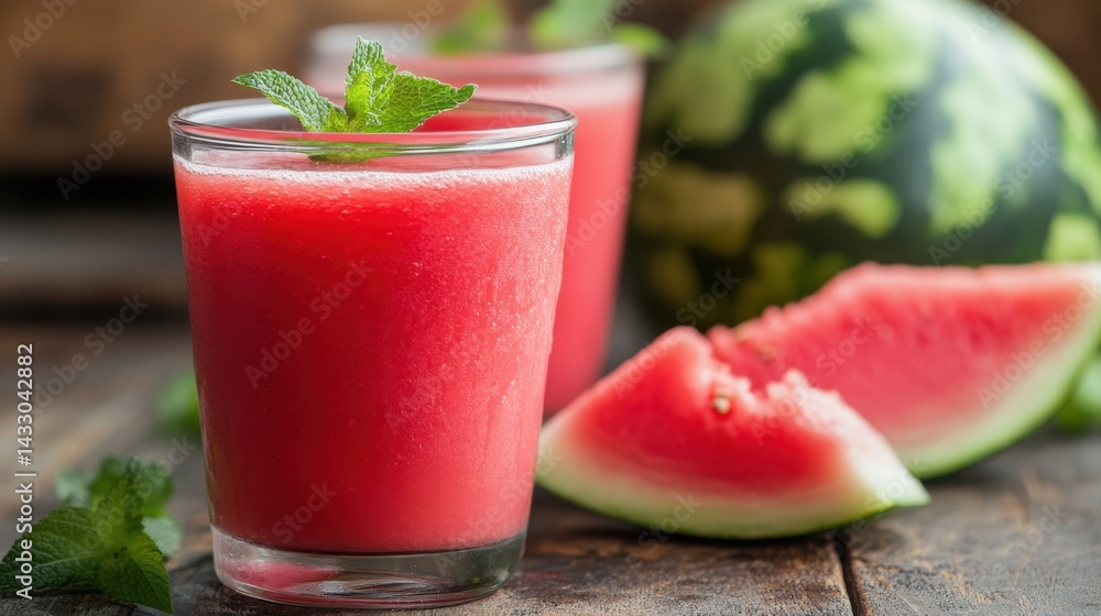 A glass of fresh watermelon juice with watermelon slices and mint garnish on a wooden surface. A glass of fresh watermelon juice with watermelon slices and mint garnish on a wooden surface.
