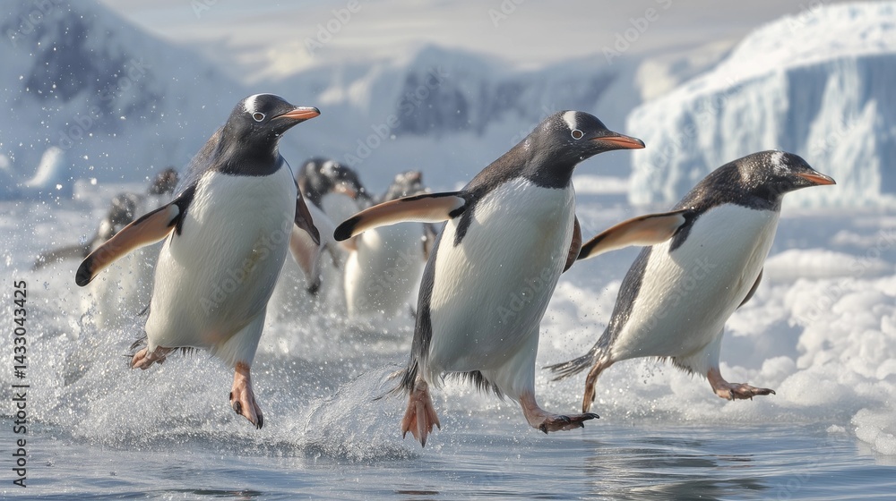 Fototapeta premium Thrilling wildlife action! Gentoo penguins porpoising energetically from icy Antarctic waters. Dynamic shot perfect for nature publications & conservation awareness.
