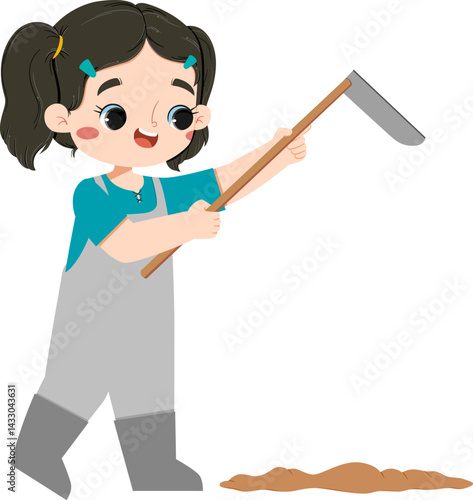 adorable asian farm girl hoeing the ground.eps