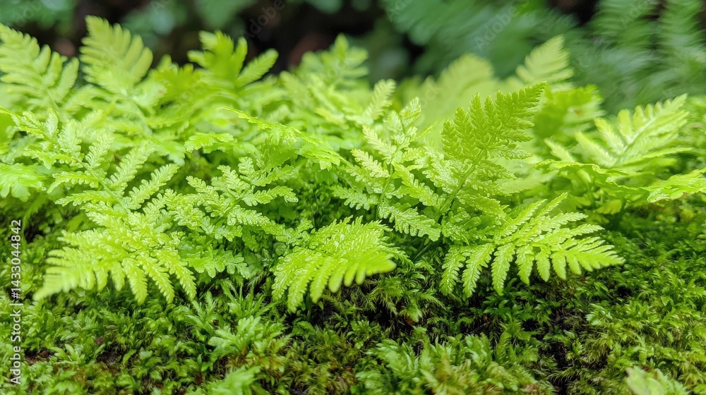 Lush green ferns with delicate fronds emerging from a mossy surface. Lush green ferns with delicate fronds emerging from a mossy surface.