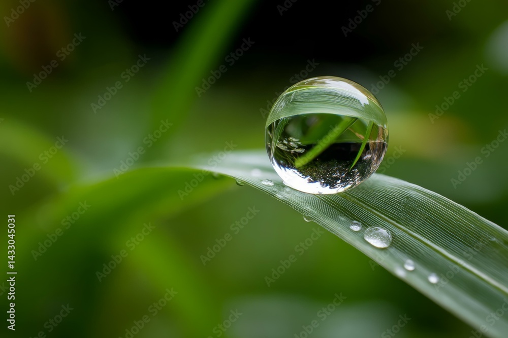Water sphere reflects grass greenery resting upon a leaf with droplets, nature photography, macro focus, and tranquil springtime. Water sphere reflects grass greenery resting upon a leaf with droplets, nature photography, macro focus, and tranquil springtime.