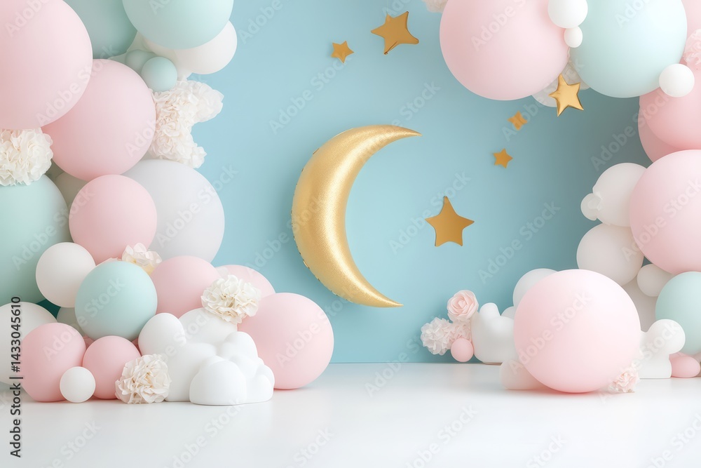 Whimsical Moon and Stars Balloon Decoration with Pastel Clouds for Baby Shower or Kids Party
