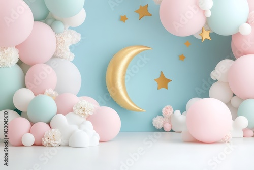 Obraz na płótnie Whimsical Moon and Stars Balloon Decoration with Pastel Clouds for Baby Shower or Kids Party w salonie