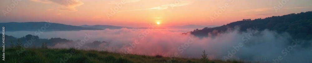 Obraz premium Misty dawn landscape with soft fog rolling in, dawn, gentle, misty
