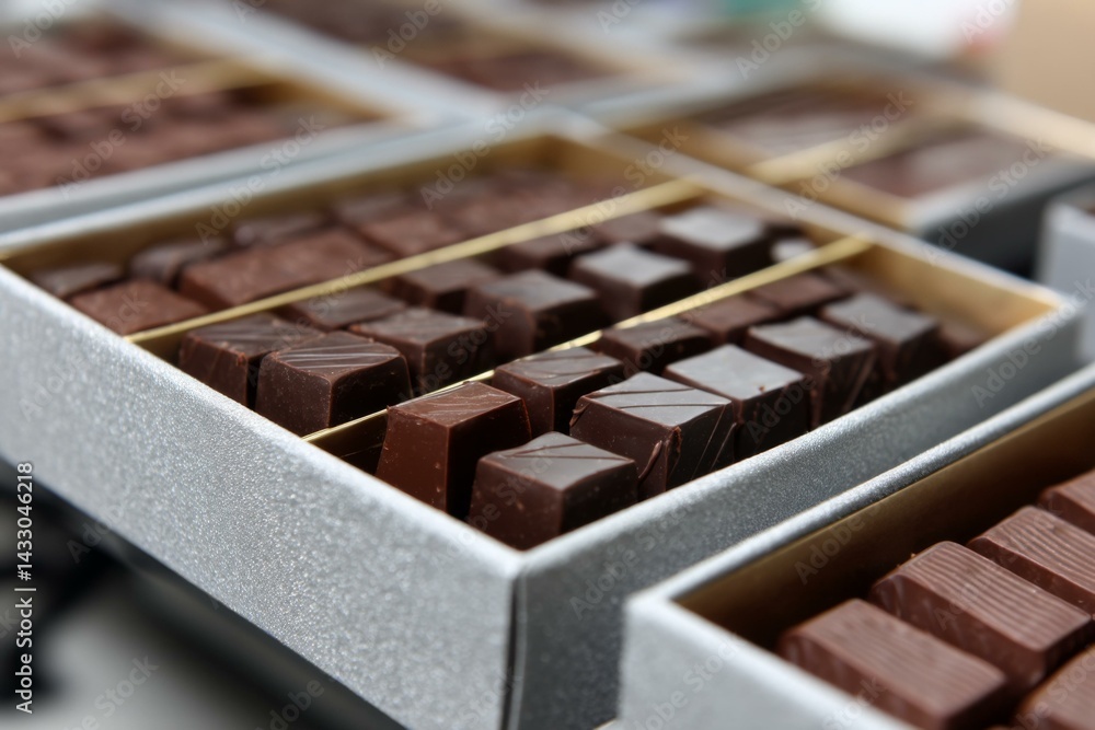 Assorted Chocolates in Silver Gift Boxes Arranged for Presentation and Sale at Market, Tempting Treats Assorted Chocolates in Silver Gift Boxes Arranged for Presentation and Sale at Market, Tempting Treats