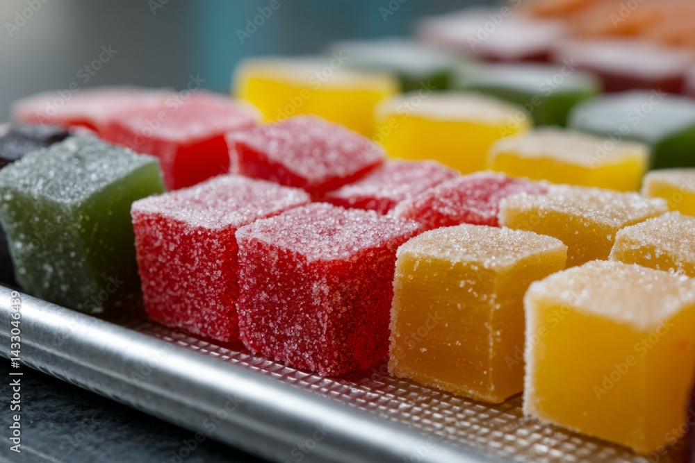 Delicious colorful marmalade candy cubes, dusted with sugar, presented on a silver tray, sweet treats concept Delicious colorful marmalade candy cubes, dusted with sugar, presented on a silver tray, sweet treats concept
