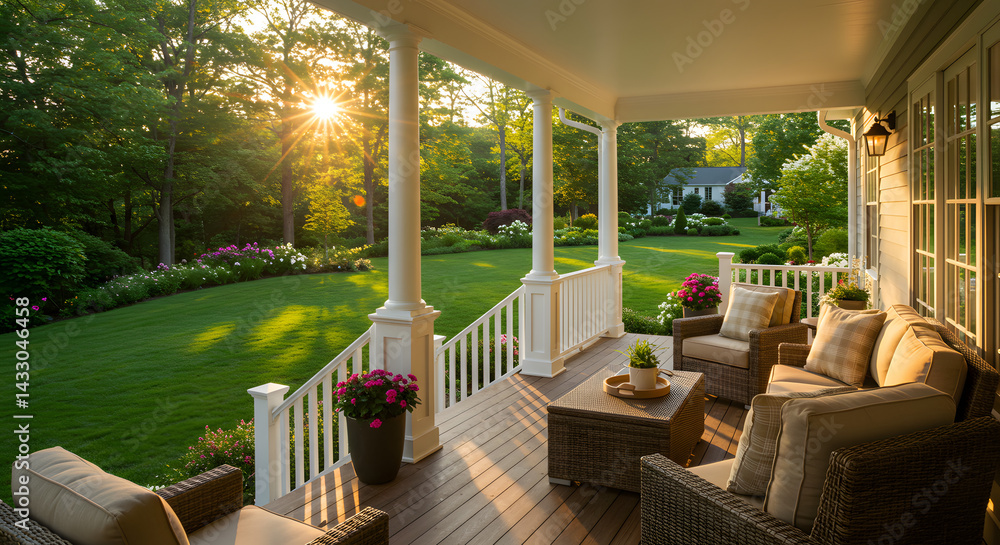 Fototapeta premium Serene Sunset Porch: Tranquil Outdoor Living Space