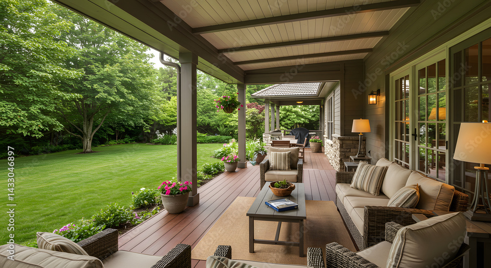Fototapeta premium Serene Covered Porch: Tranquil Patio Furniture and Lush Green Lawn