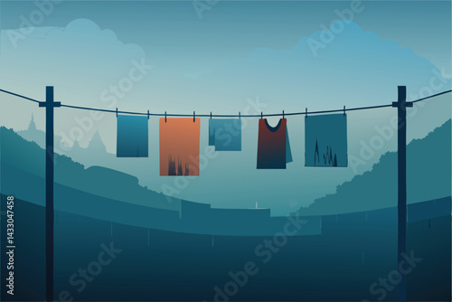 laundry clinging to line in misty drizzle .eps
