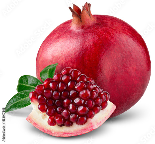 Pomegranate isolated png. Whole pomegranate with seeds and leaves on transparent background. Pomegranate slice no background. Perfect retouched transparent png. Full depth of field.