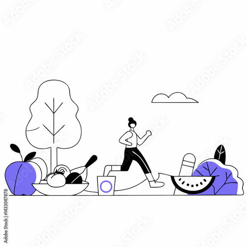 Healthy lifestyle vector with running woman and fresh food. Flat illustration of fitness and healthy eating. Running woman surrounded by fruit and vegetables.