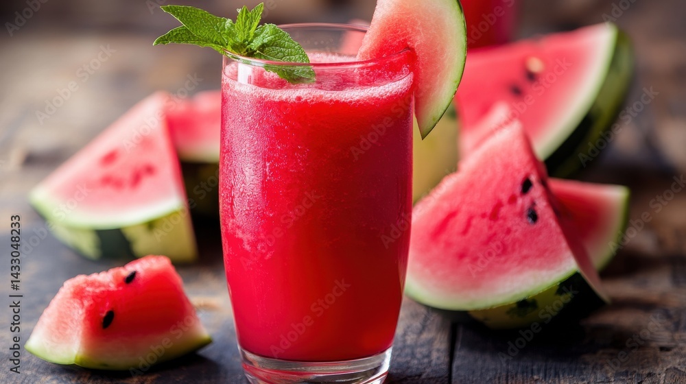 A glass of fresh watermelon juice with watermelon slices and mint garnish on a wooden surface. A glass of fresh watermelon juice with watermelon slices and mint garnish on a wooden surface.