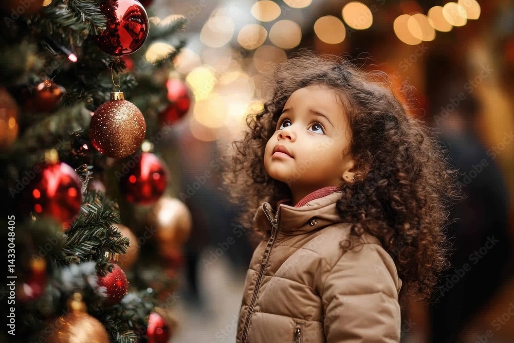 Child having a joyful time at festive Christmas market adorned with lights on winter evening Child having a joyful time at festive Christmas market adorned with lights on winter evening