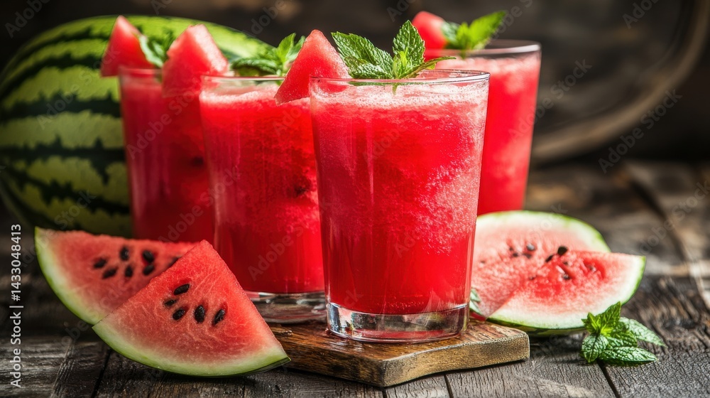 A glass of fresh watermelon juice with watermelon slices and mint garnish on a wooden surface. A glass of fresh watermelon juice with watermelon slices and mint garnish on a wooden surface.
